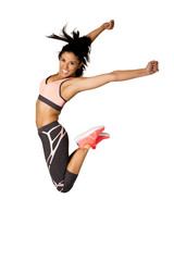 young attractive hispanic fitness trainer woman jumping high excited and happy