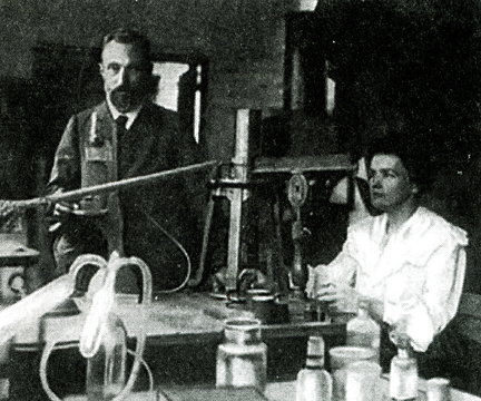 Pierre Curie and Marie Skłodowska-Curie, pioneers in radioactivity, in their laboratory 