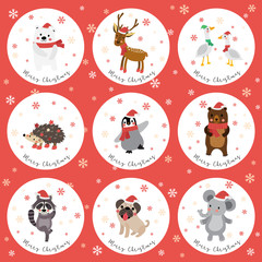 Cute Happy Animals merry christmas card design with snowflake. Reindeer. Polar Bear. Geese. Penguin. Hedgehog. Bear. Raccoon. Pug dog. Elephant. Season's greetings. Vector Illustration.