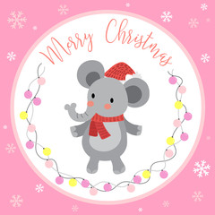 Cute Happy Elephant merry christmas card design with color light bulbs garland on pink background. Season's greetings. Vector Illustration.