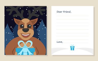 Template greeting card New year's or Merry Christmas letter to Dear Friend . Cute deer with gift. Vector illustration. Flat design.