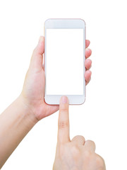 Hand holding smart phone isolated on white background