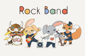 Funky animals rock band. Cute children music illustration.