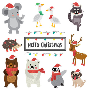 Cute Happy Animals merry christmas card design. Reindeer. Polar Bear. Geese. Penguin. Hedgehog. Bear. Raccoon. Pug dog. Elephant. Season's greetings. Vector Illustration.