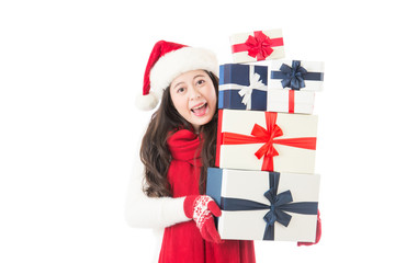 Santa hat Christmas woman holding christmas gifts excited