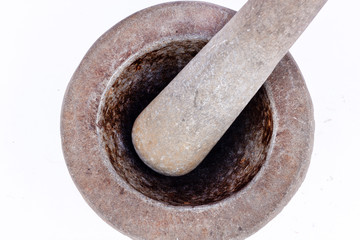 old granite stone mortar and pestle are Thai cooking tool on white background food isolated ( top...