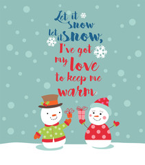 Loving couple of snowmen with gifts