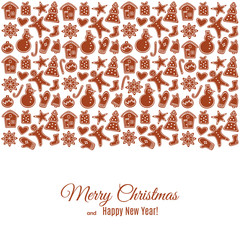 Merry Christmas and Happy New Year greeting card with Gingerbread Christmas Cookies. Abstract background for Holiday decoration. Vector illustration