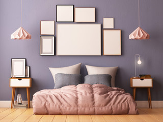 mock up posters in bedroom interior. Interior hipster style. 3d rendering, 3d illustration.