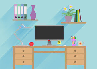 Designer working place or studying illustration. Banner illustration. Flat design illustration concepts for working place at office, working place at home, workspace, workplace, studying place.