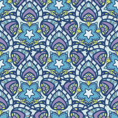 Patch Boho Flower Seamless Pattern. Mandala patchwork, oriental design. Wallpaper, furniture textile, fabric print, tile deco.