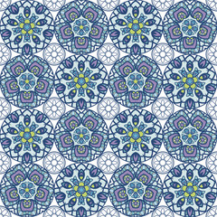 Patch Boho Flower Seamless Pattern. Mandala patchwork, oriental design. Wallpaper, furniture textile, fabric print, pillow deco.
