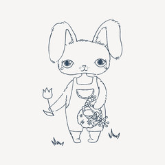 Hand drawn illustration of cute bunny with flower and mushroom basket. Can be used for shirt design or fashion print and design for kids.