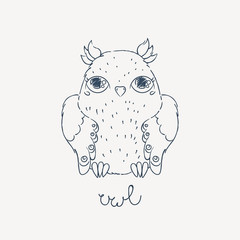 Cute cartoon owl. Lovely owlet in doodle style.