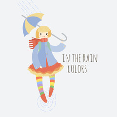 Young girl in striped stockings walking in the rain with umbrella.