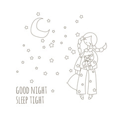 Cute girl in the sleepwear holding pillow and toy bear. Good night card.