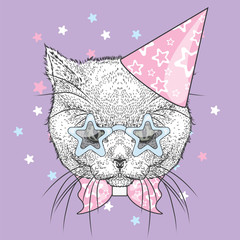 Citten in a celebratory cap and funny glasses. Vector illustration. Postcard or poster, print on clothes. A party.