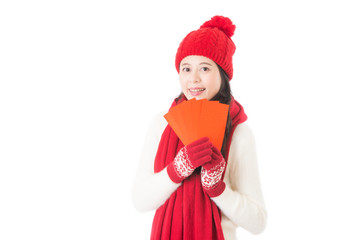 pretty chinese young woman holding red lucky money