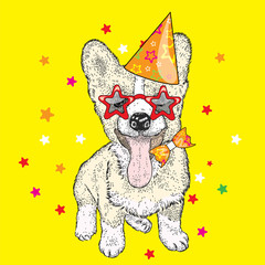 Cute puppy in a celebratory cap and funny glasses. Vector illustration. Postcard or poster, print on clothes. A party.