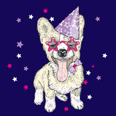 Cute puppy in a celebratory cap and funny glasses. Vector illustration. Postcard or poster, print on clothes. A party.