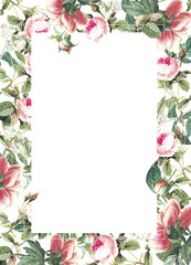 Watercolor rose frame on the white background for  invitation cards