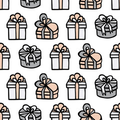 Gift boxes with ribbons with pastel colors. Vector seamless pattern for holidays
