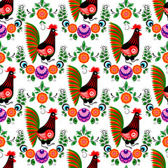 Fototapeta premium folk rooster seamless pattern with flowers in cartoon style