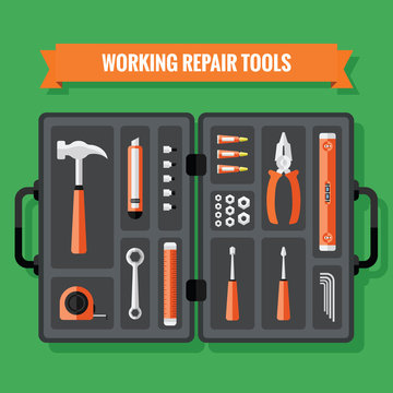Hand Tools Icons Set With Case in a Flat Design