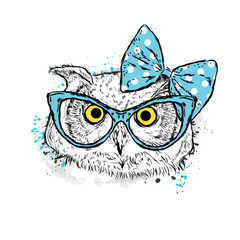 Cute owl with bow and glasses. Vector illustration drawn by hand. Postcard or poster. Print on clothes. Beautiful bird.