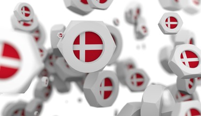 Nuts levitation group with flag of the Denmark. Shallow depth of focus. 3D rendering