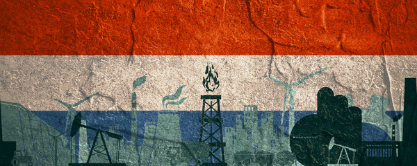 Energy and Power icons set. Header banner with Netherlands flag. Sustainable energy generation and heavy industry. Concrete textured