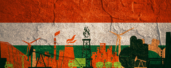 Energy and Power icons set. Header banner with Hungary flag. Sustainable energy generation and heavy industry. Concrete textured