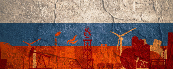 Energy and Power icons set. Header banner with Russia flag. Sustainable energy generation and heavy industry. Concrete textured