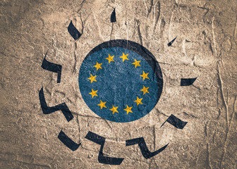 3D cog wheel with European Union flag. Precision machinery relative backdrop. Concrete textured