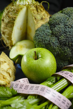 Green vegetables and fruits -  celeriac, broccoli, celery shoots,  diet