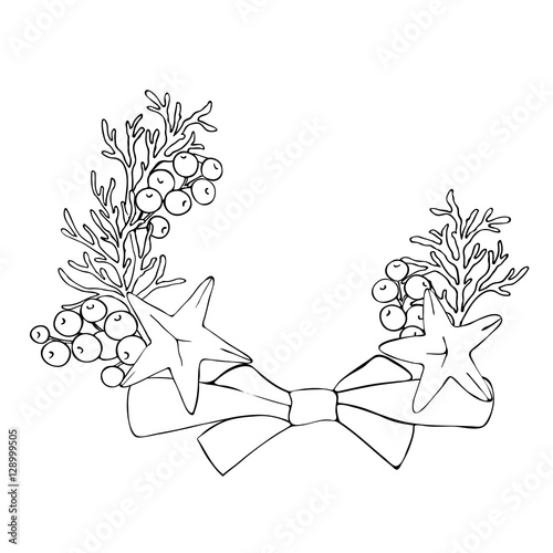 &quot;vector simple white black sketch of christmas wreath with bowl berries
