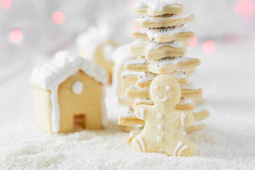 Three gingerbread houses,fir-tree and cookie men on the background of bokeh and snow. Selective focus