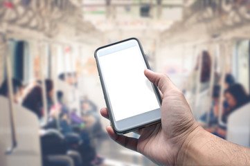 hand hold blank screen smartphone in train