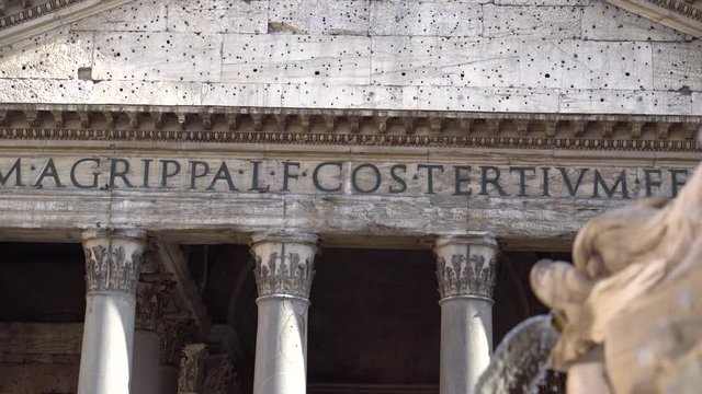 Facade of Pantheon in Rome. Tilting from above. The Pantheon is a former Roman temple on the site of an earlier temple commissioned by Marcus Agrippa during the reign of Augustus (27 BC – 14 AD)