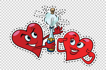 Red hearts Valentines open the champagne