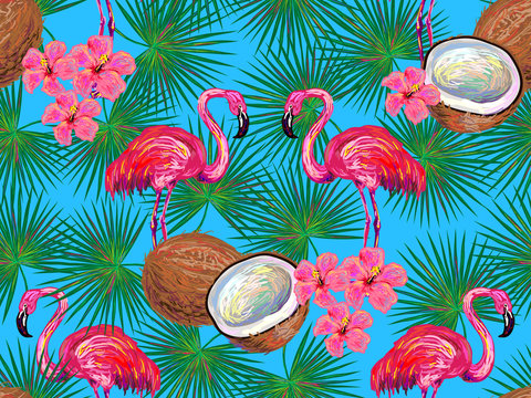 Summer jungle pattern with with flamingo, coconut, palm leaves and flowers vector background. Floral background. Perfect for wallpapers, pattern fills, web page backgrounds, surface textures, textile