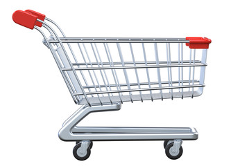 Side view empty shopping cart. 3D render isolated on white background.