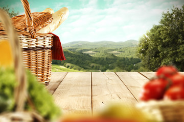 spring wooden table and landscape 