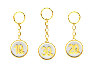 Set of golden keychains with 10,20,30 percentages discount isolated on white background. 3D illustration
