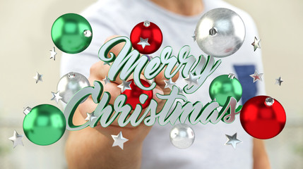 Businessman touching floating christmas message with his finger