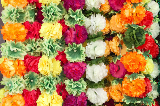 Colorful flower garlands used for decorating the god in hindu temples