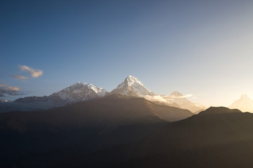 View from Poon Hill with sunlight, Annapurna mountain range at Himalaya Nepal, Poon hill is the famous view point in Ghorepani village