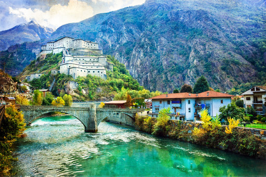 Castles of Valle d'Aosta, Bard fortress,Italy . artistic picture