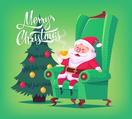Cute cartoon Santa Claus sitting in chair drinking tea Merry Christmas vector illustration Greeting card poster