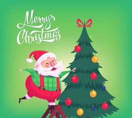 Cute cartoon Santa Claus decorating Christmas tree Merry Christmas vector illustration Greeting card poster